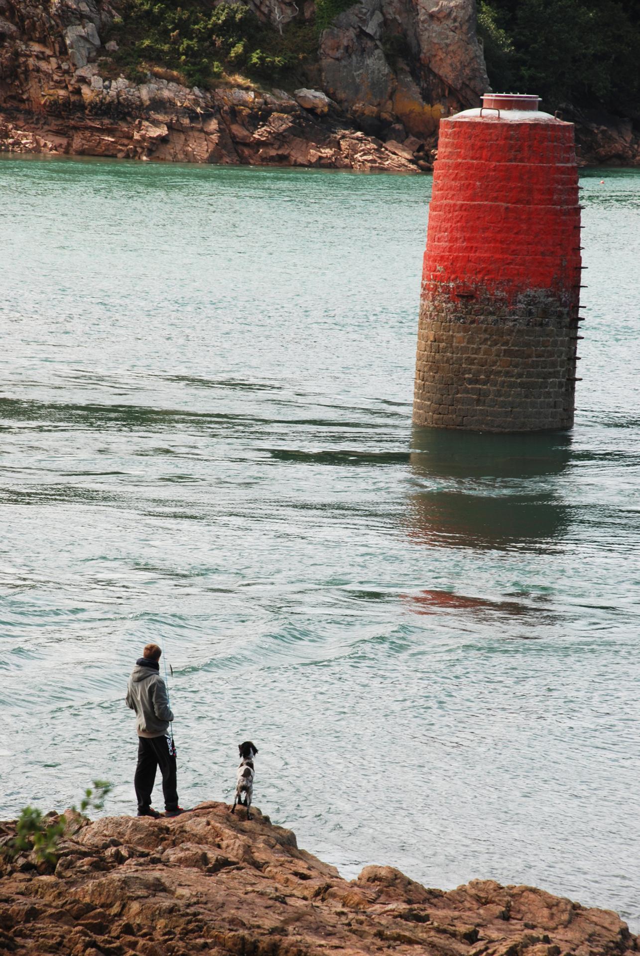 Lézardieux: une tourelle, un pêcheur et un chien